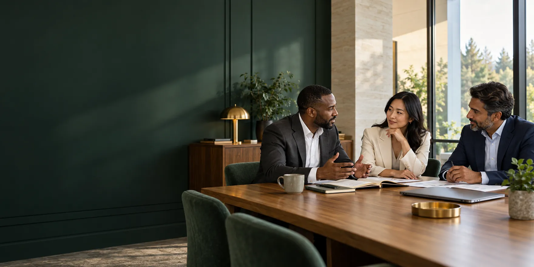 Three professionals sharing ideas around a table in a thoughtfully designed workplace