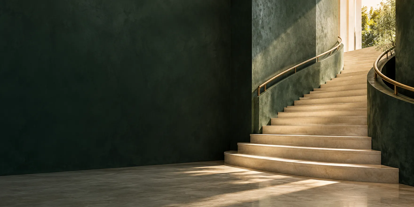 An ivory stone staircase rising toward daylight within a quiet, forest-green architectural space