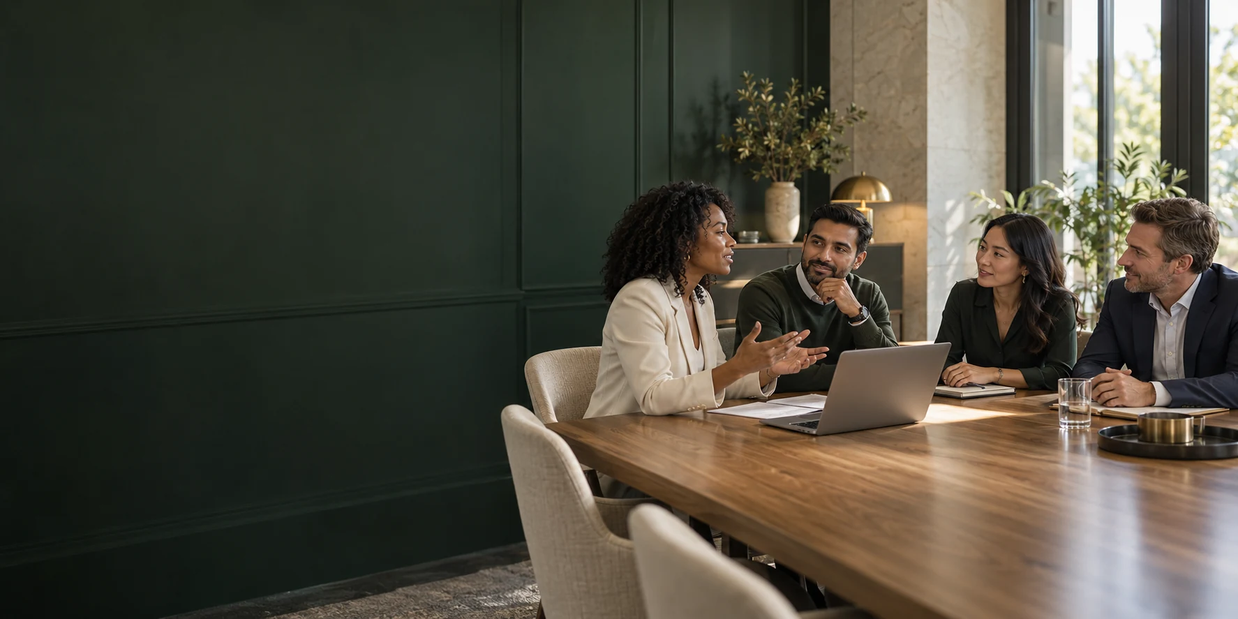 A diverse team discussing hiring plans around a conference table