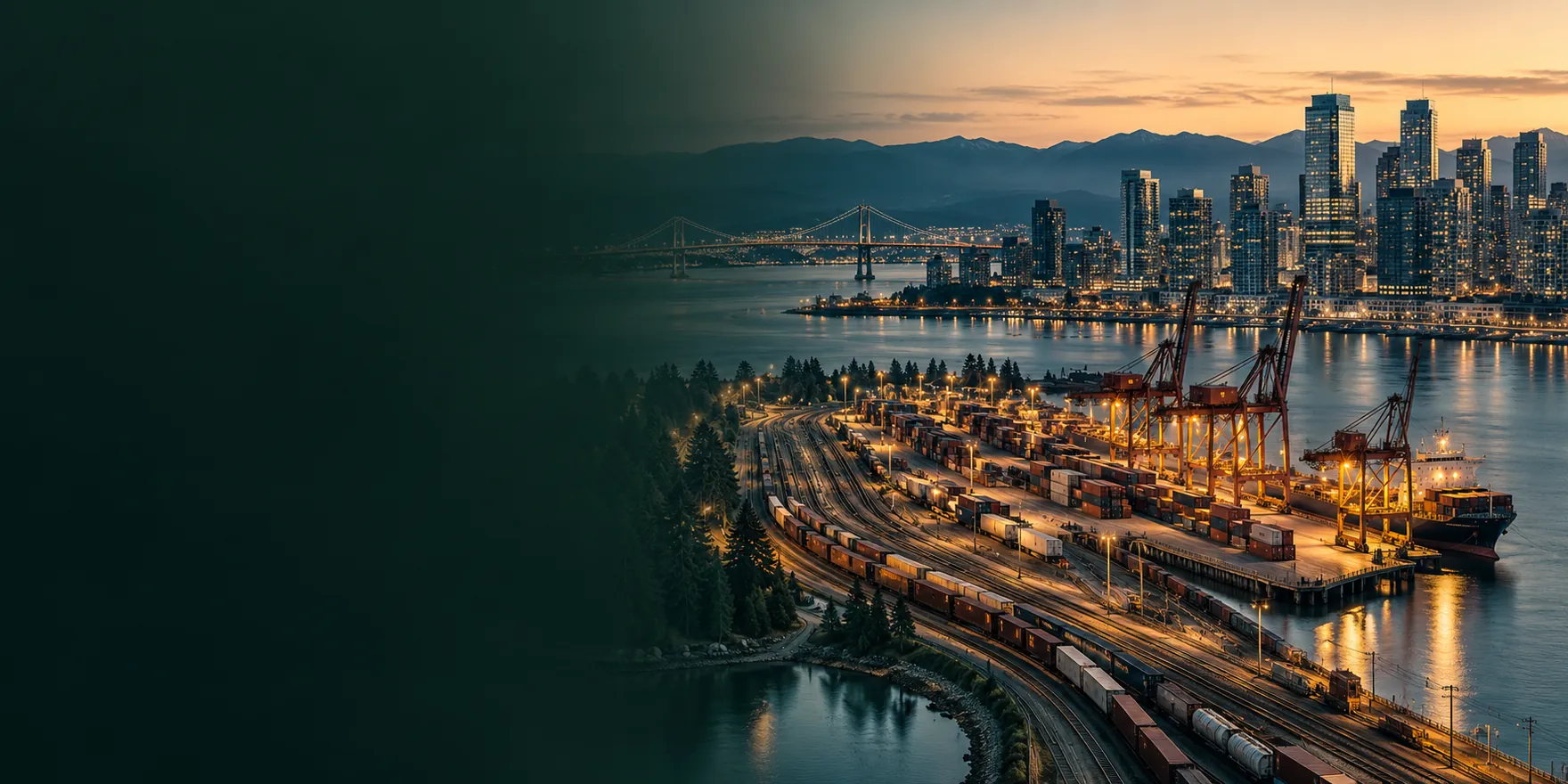 A waterfront city with commercial towers, a freight terminal and a bridge illuminated at blue hour