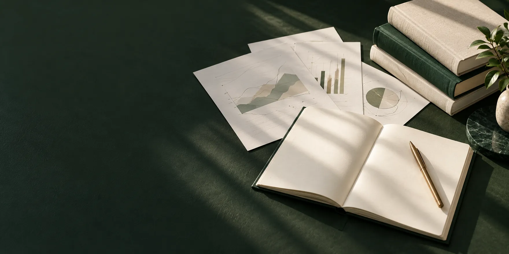 An open notebook, research pages, cloth-bound books and a brass pen arranged in warm window light